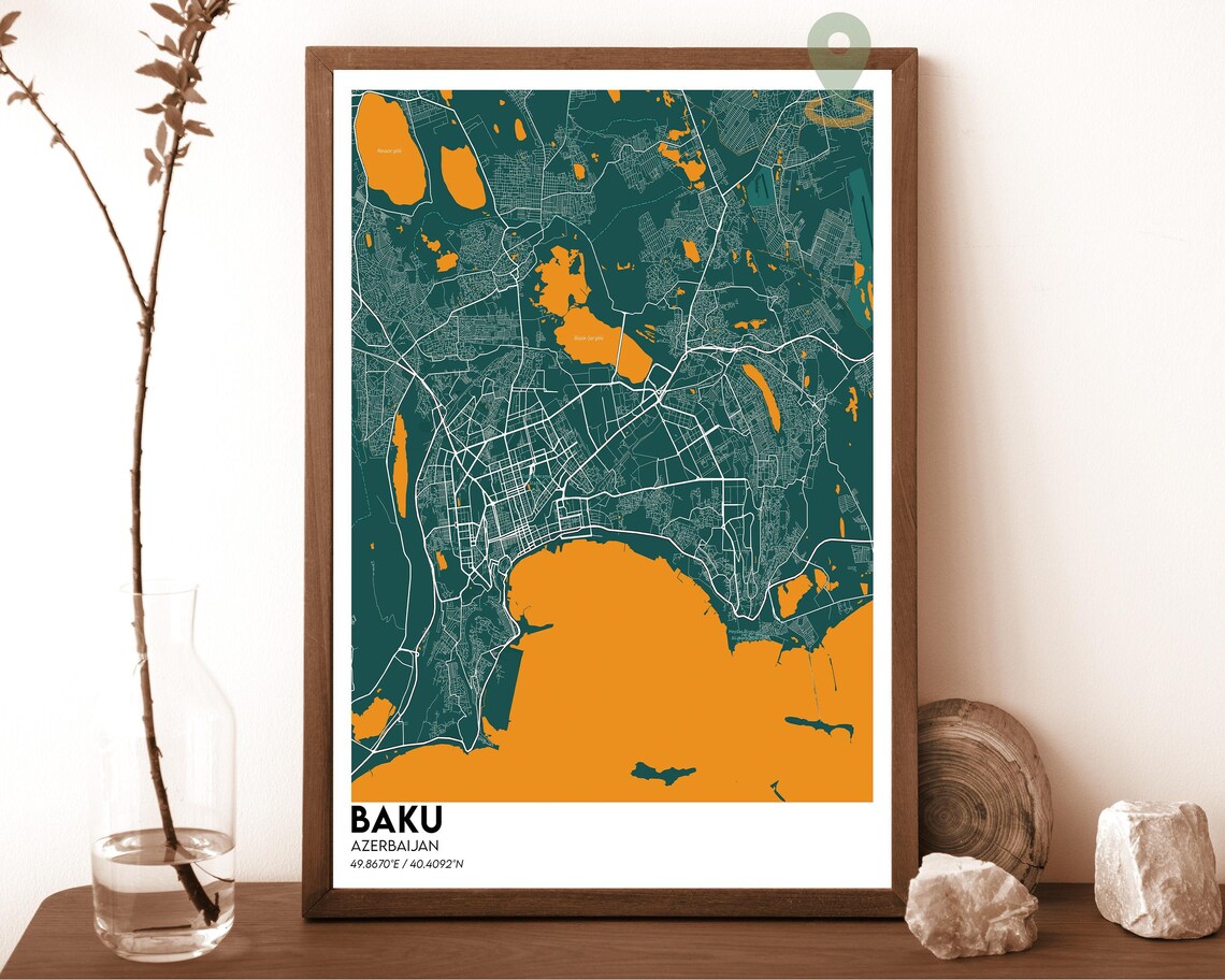 Baku Azerbaijan dark navy with bright turquoise water Street Map Coordinates Poster - Image 6