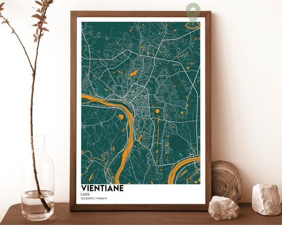 Vientiane Laos City Map Green Golden Mekong River Street Poster