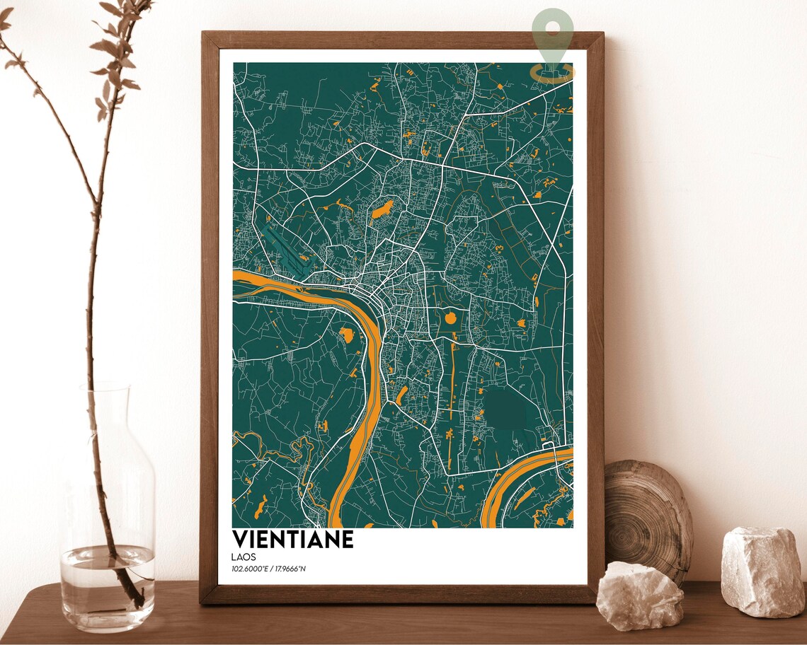 Vientiane Laos City Map Green Golden Mekong River Street Poster