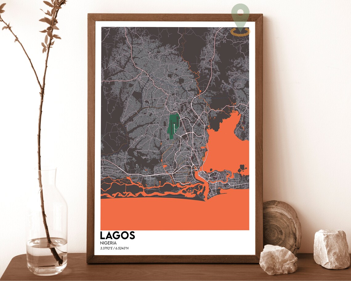 Lagos Nigeria Navy Yellow Lagoon Street Map Modern Art Poster - Image 5