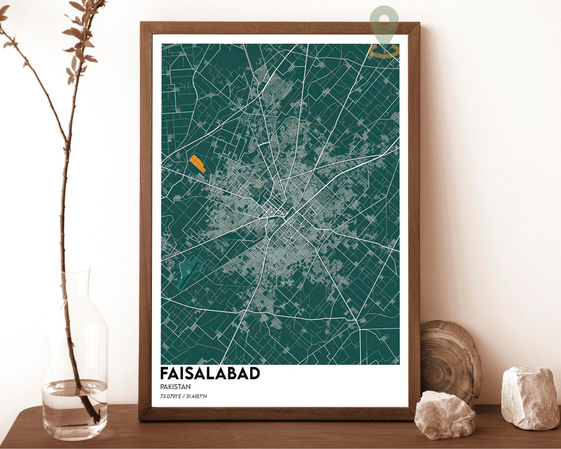 Faisalabad Pakistan Teal Green Street Map Modern Art Decor Poster