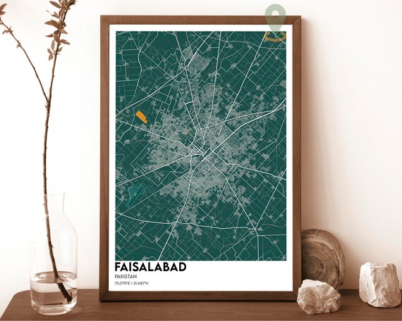 Faisalabad Pakistan Teal Green Street Map Modern Art Decor Poster