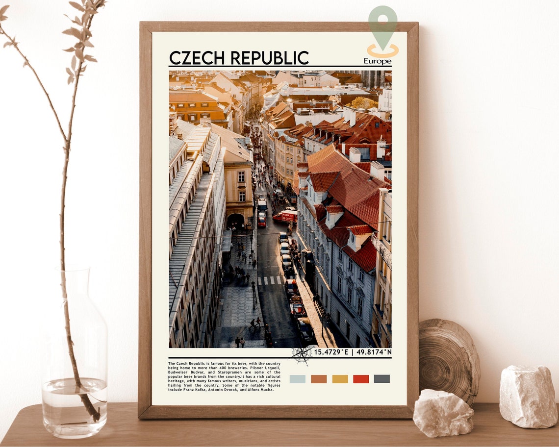 Czech Republic Europe Prague Red Rooftops Aerial Street Poster