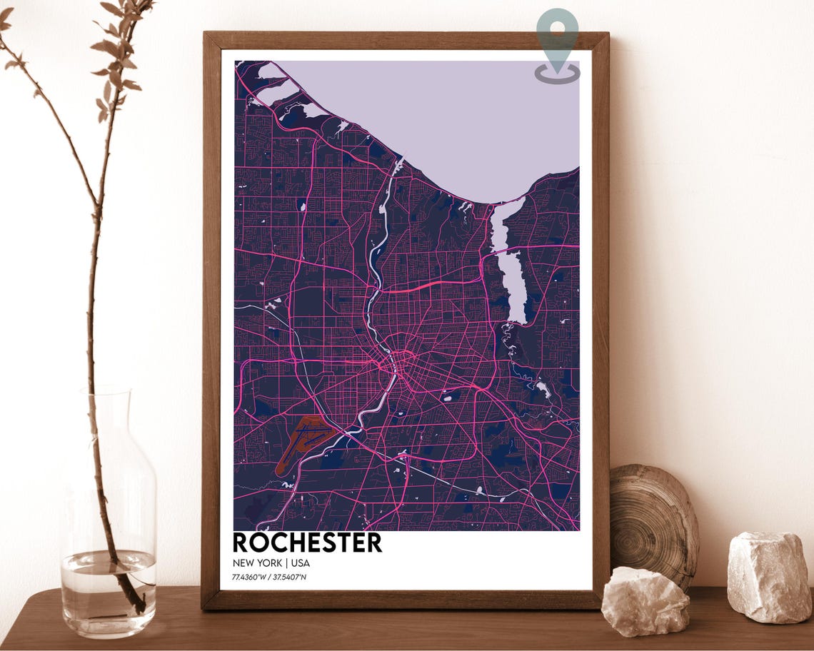 Rochester New York Navy Blue Golden Lake City Map Home Decor Poster - Image 2