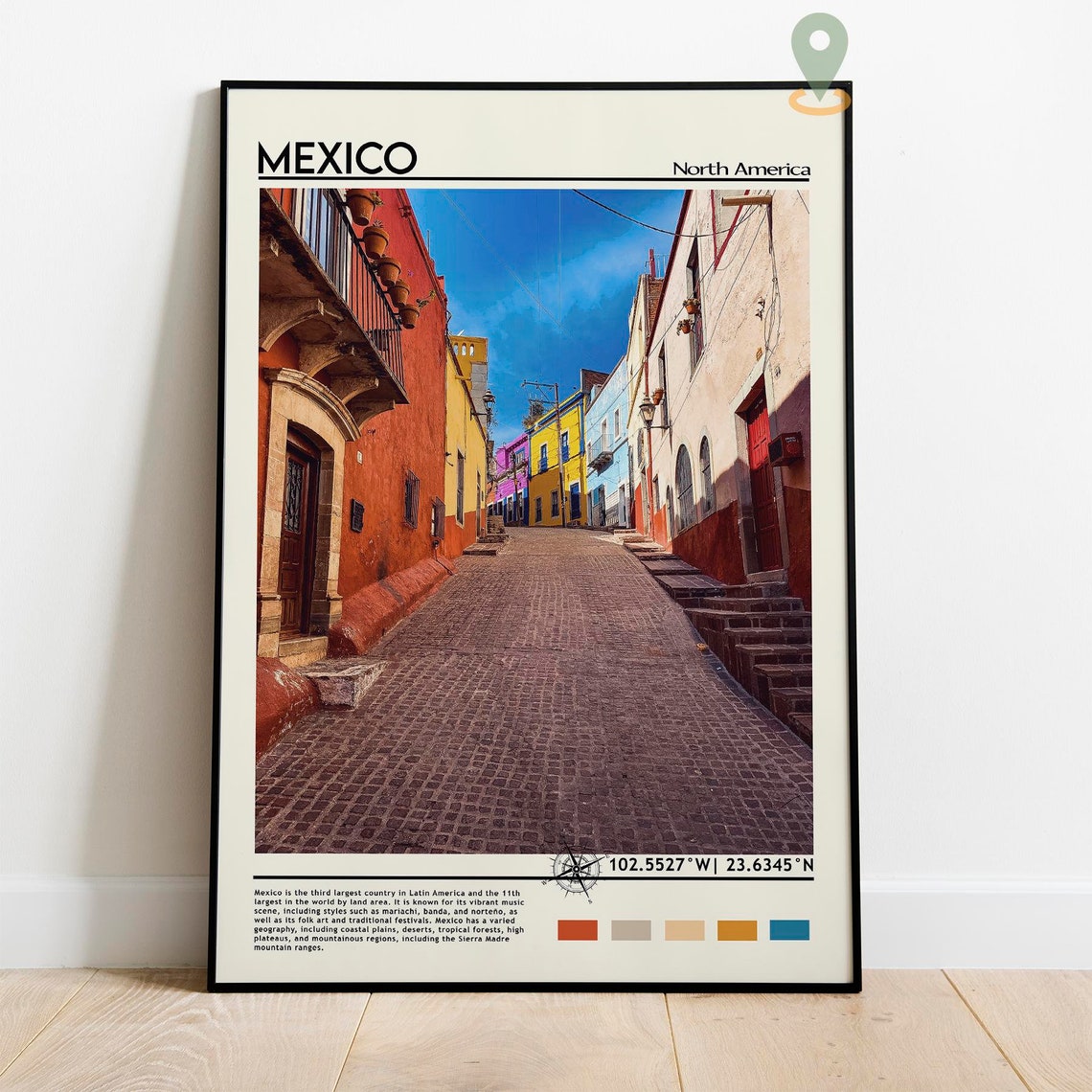 Mexico Colorful Colonial Cobblestone Street Old Town Art Poster - Image 2