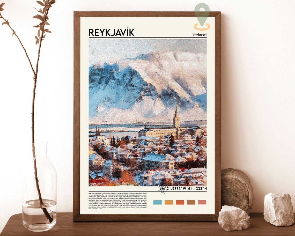 Reykjavik Iceland Snowy Capital Mountain Winter View Travel Poster