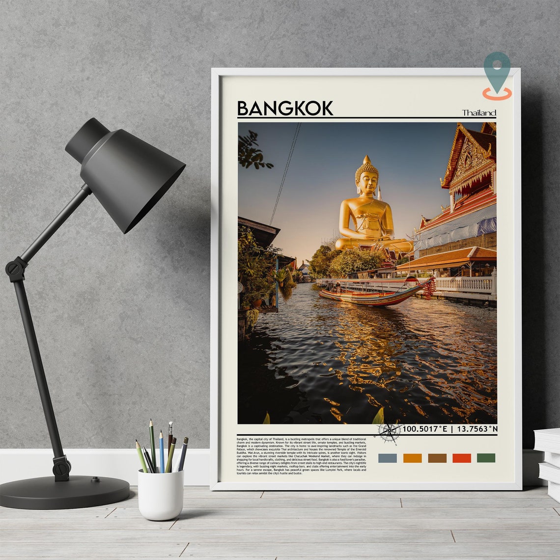 Bangkok Thailand Giant Golden Buddha Canal Sunset Temple Poster - Image 2