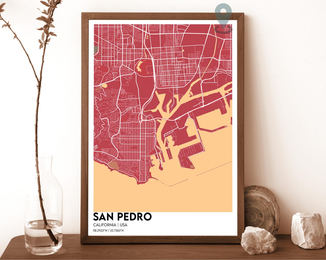 San Pedro California Dark Cyan Harbor City Map Home Decor Poster - Image 4