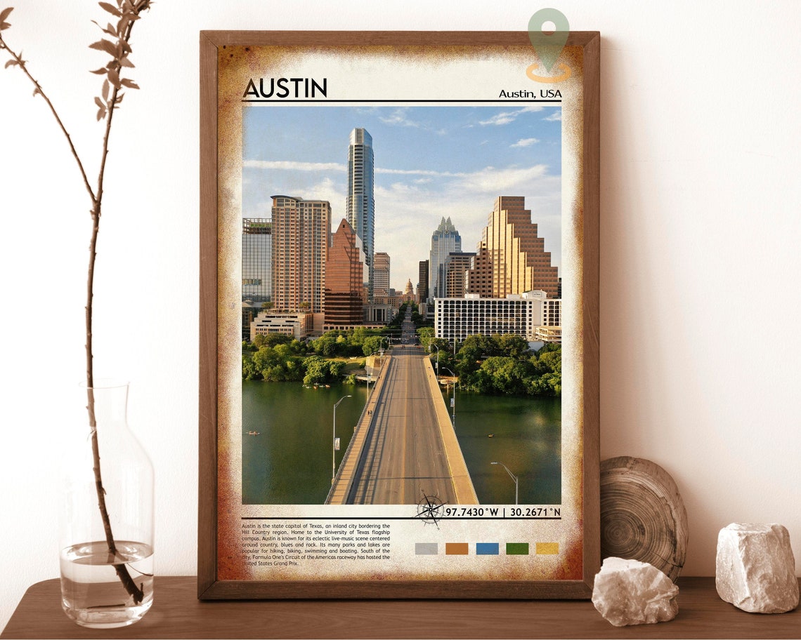 Austin Texas Downtown City Skyline Bridge Vintage Travel Poster - Image 6