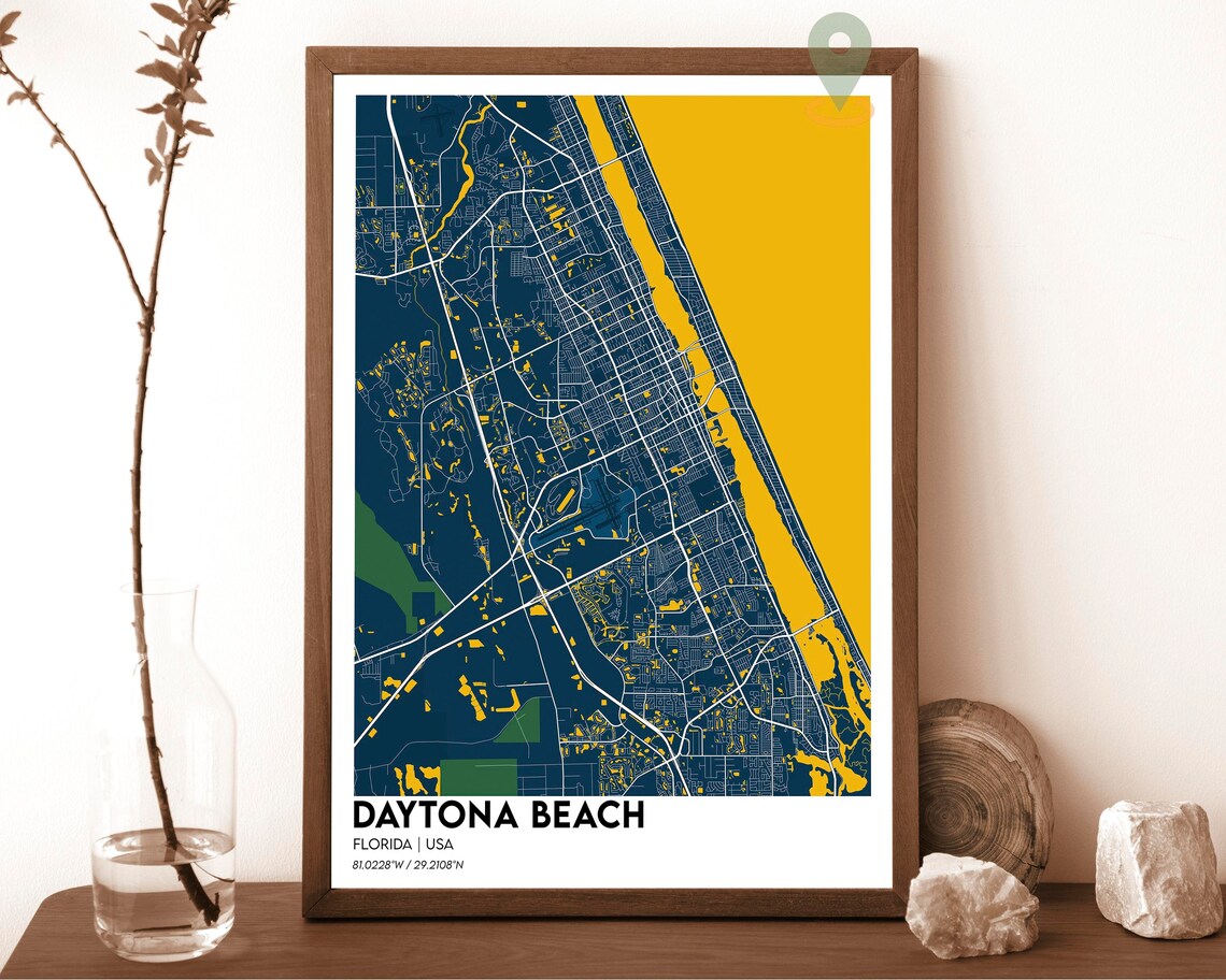 Daytona Beach Florida Navy Yellow Coastal City Map Art Poster