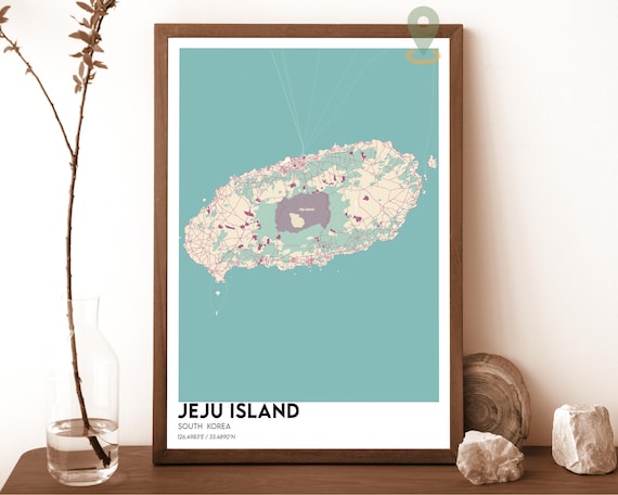 Jeju Island South Korea Teal Modern Minimalist Island Map Wall Art