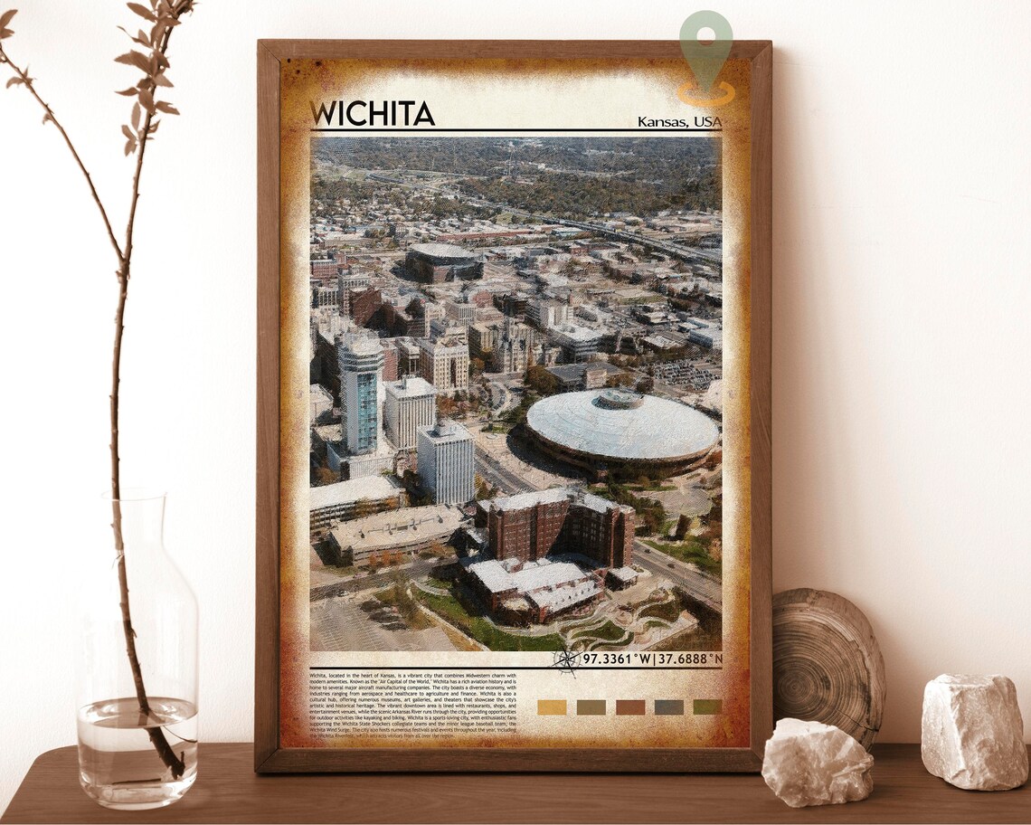 Wichita Kansas Downtown Aerial City View Oil Paint Art Poster - Image 6