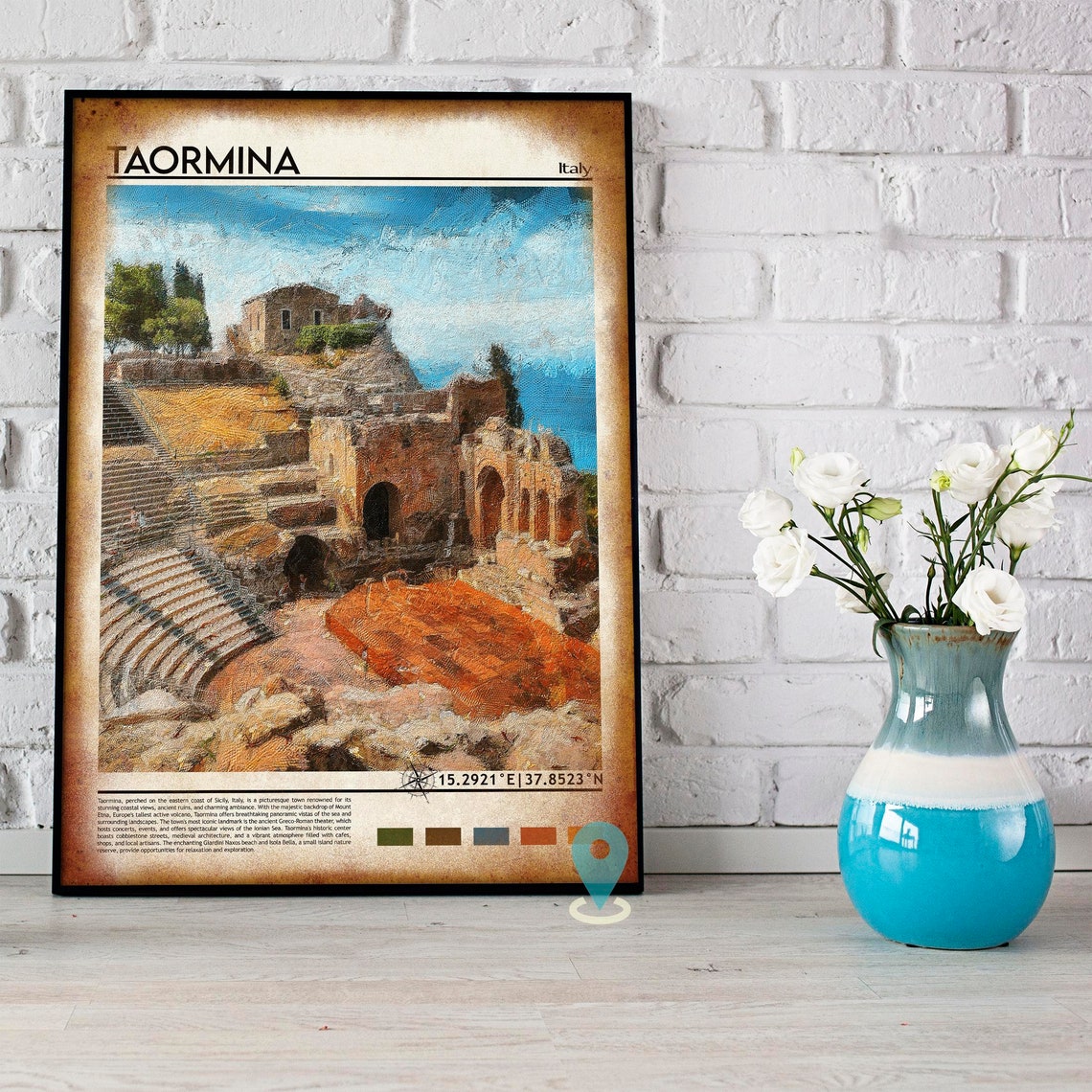 Taormina Italy Ancient Greek Theater Ruins Sea View Painterly Poster - Image 4