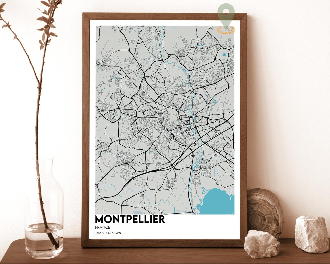 Montpellier France vintage sepia with blue water Street Map Coordinates Poster - Image 2