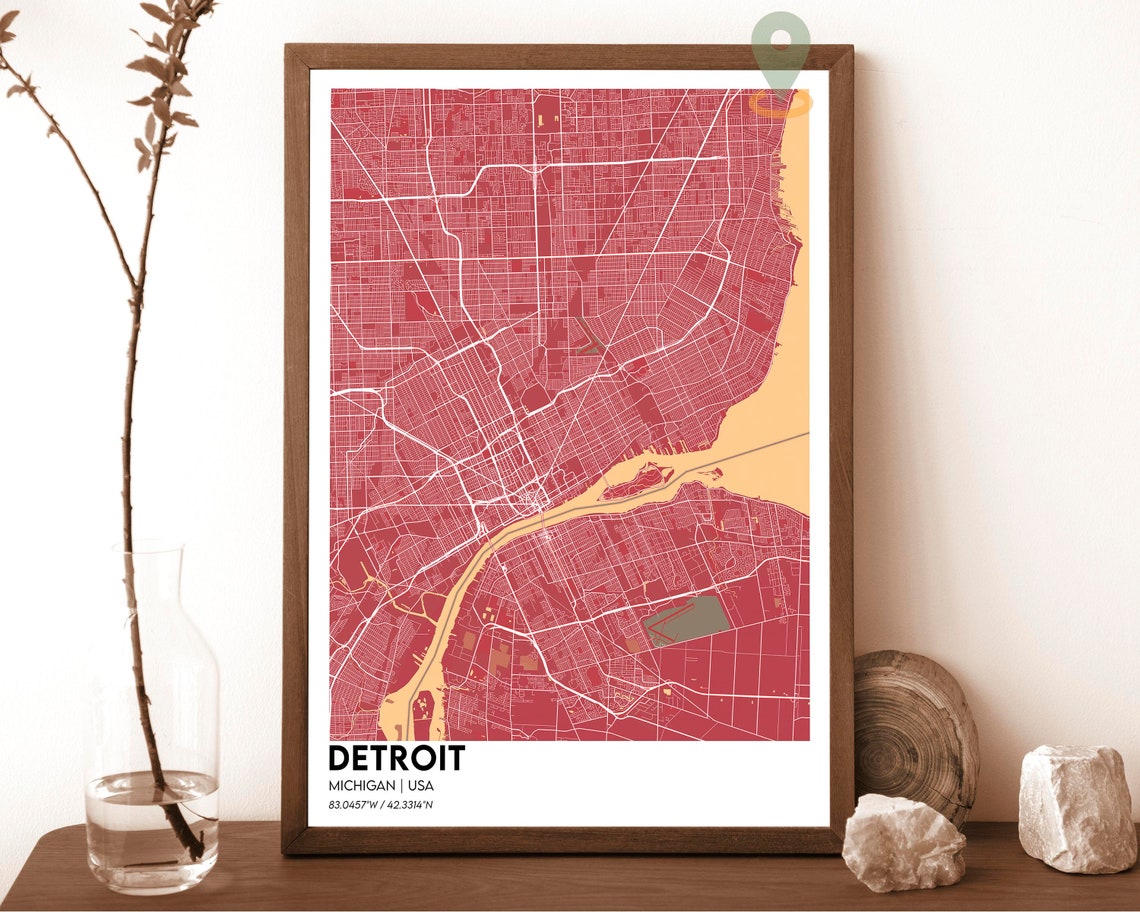 Detroit Michigan Crimson Red River City Map Modern Art Poster
