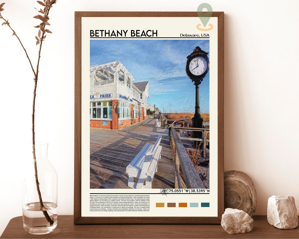 Bethany Beach Delaware USA Boardwalk Clock Shop Vintage Poster