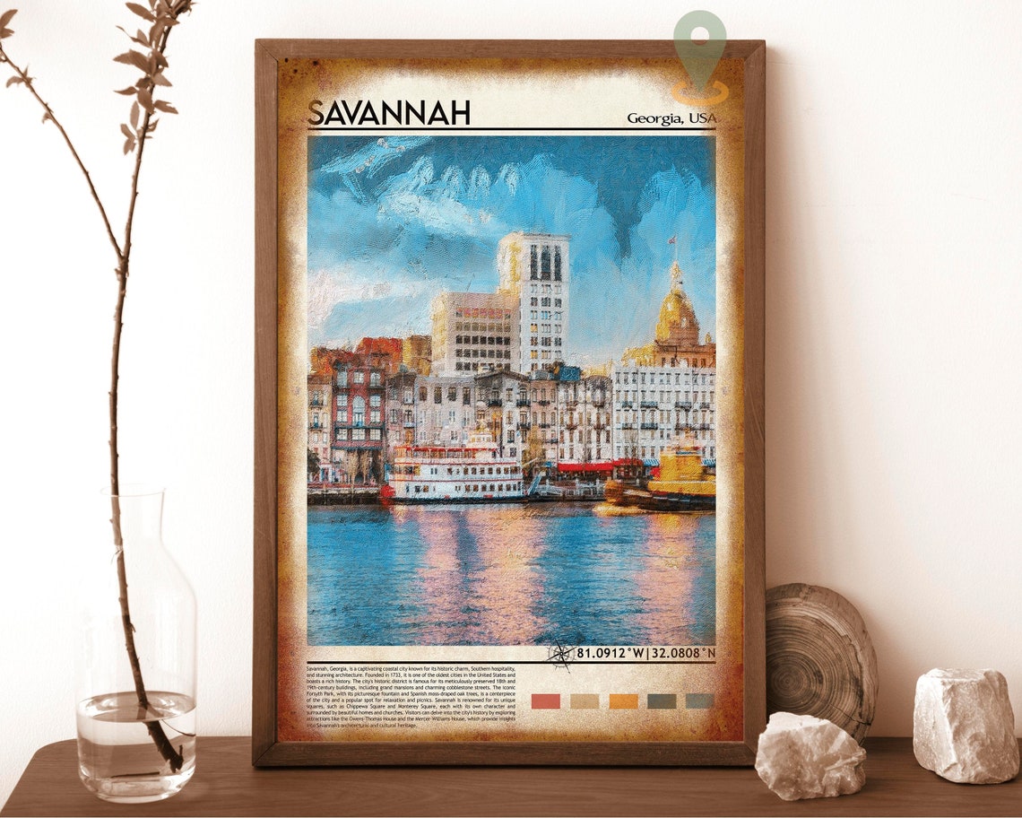Savannah Georgia Riverfront Historic Painted Skyline USA Travel Poster - Image 6