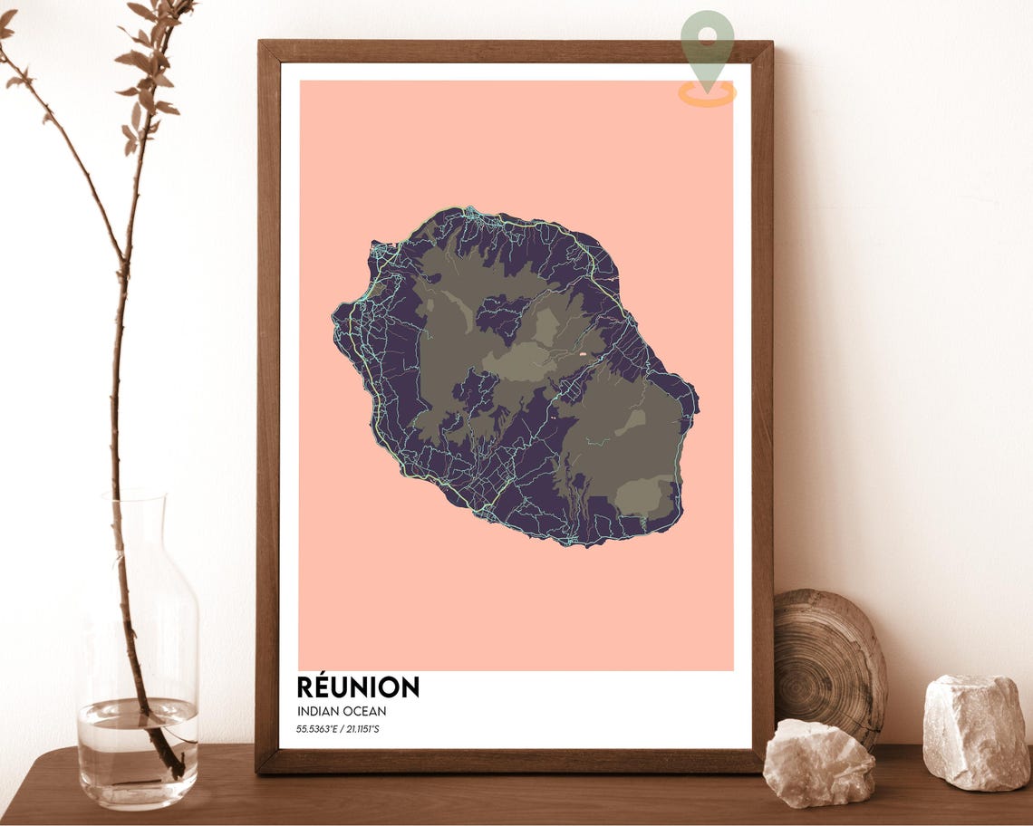 Réunion Indian Ocean Cream Minimalist Island Map Poster on Teal - Image 3
