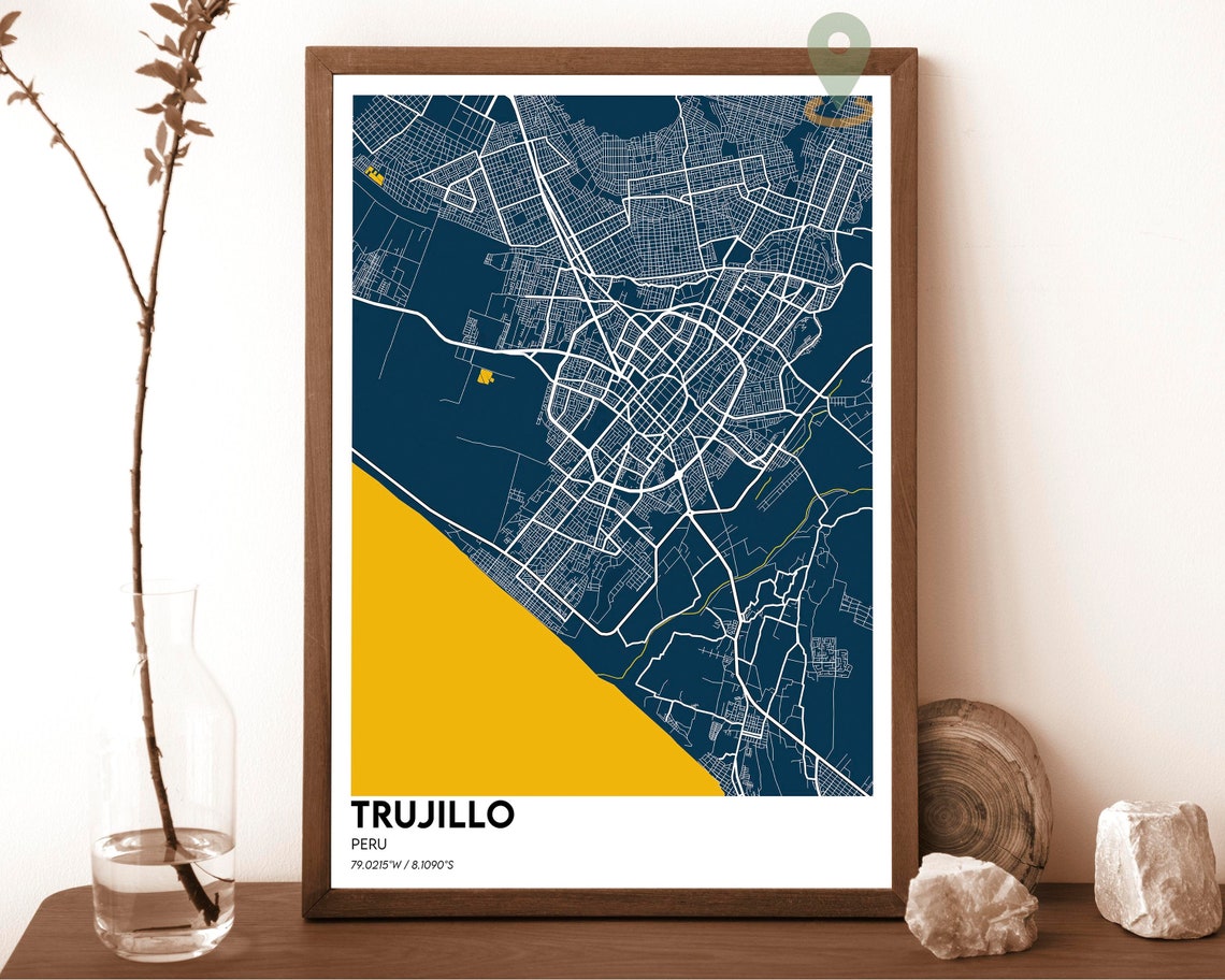 Trujillo Peru Navy Mustard Street Map Minimalist Art Decor Poster