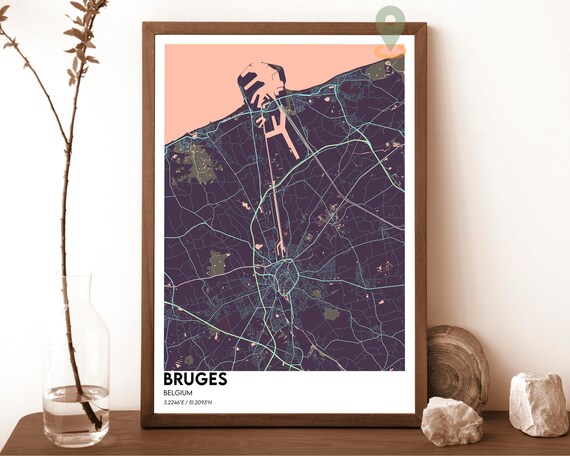 Bruges Belgium Plum Peach Vintage Minimalist City Map Design Poster