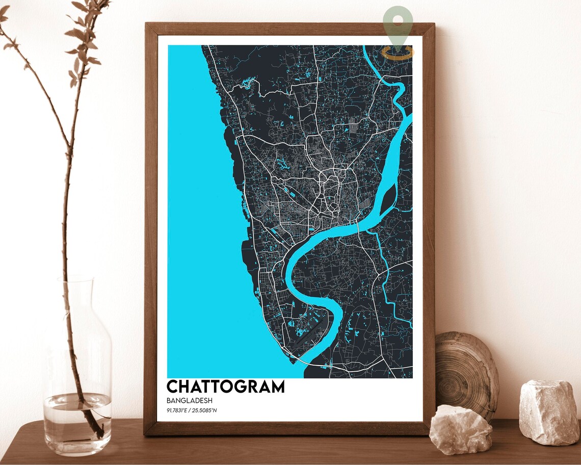 Chattogram Bangladesh River Delta Street Map Navy Gold Modern Art Print - Image 6