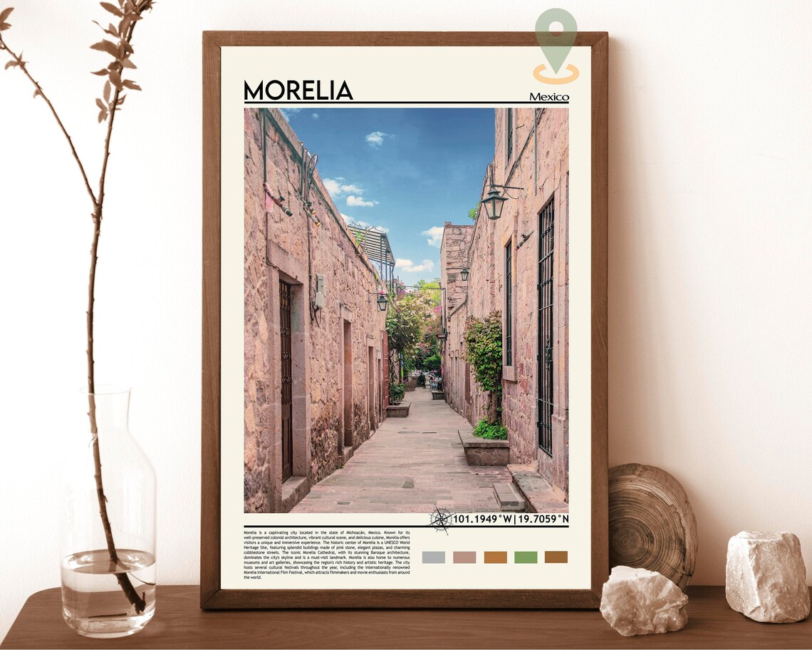 Morelia Mexico Colonial Pink Stone Street Photography Poster Art