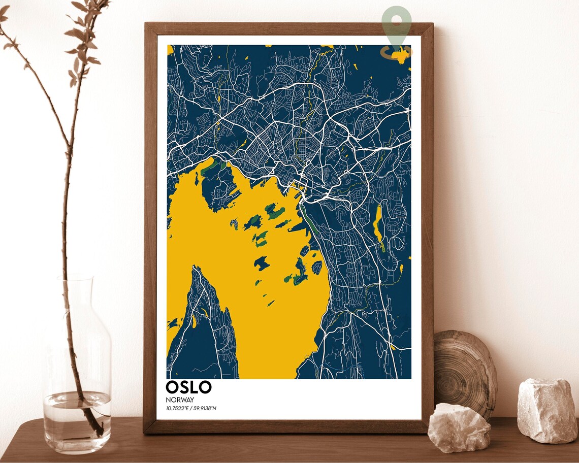 Oslo Norway Navy Gold Fjord City Street Map Modern Art Poster