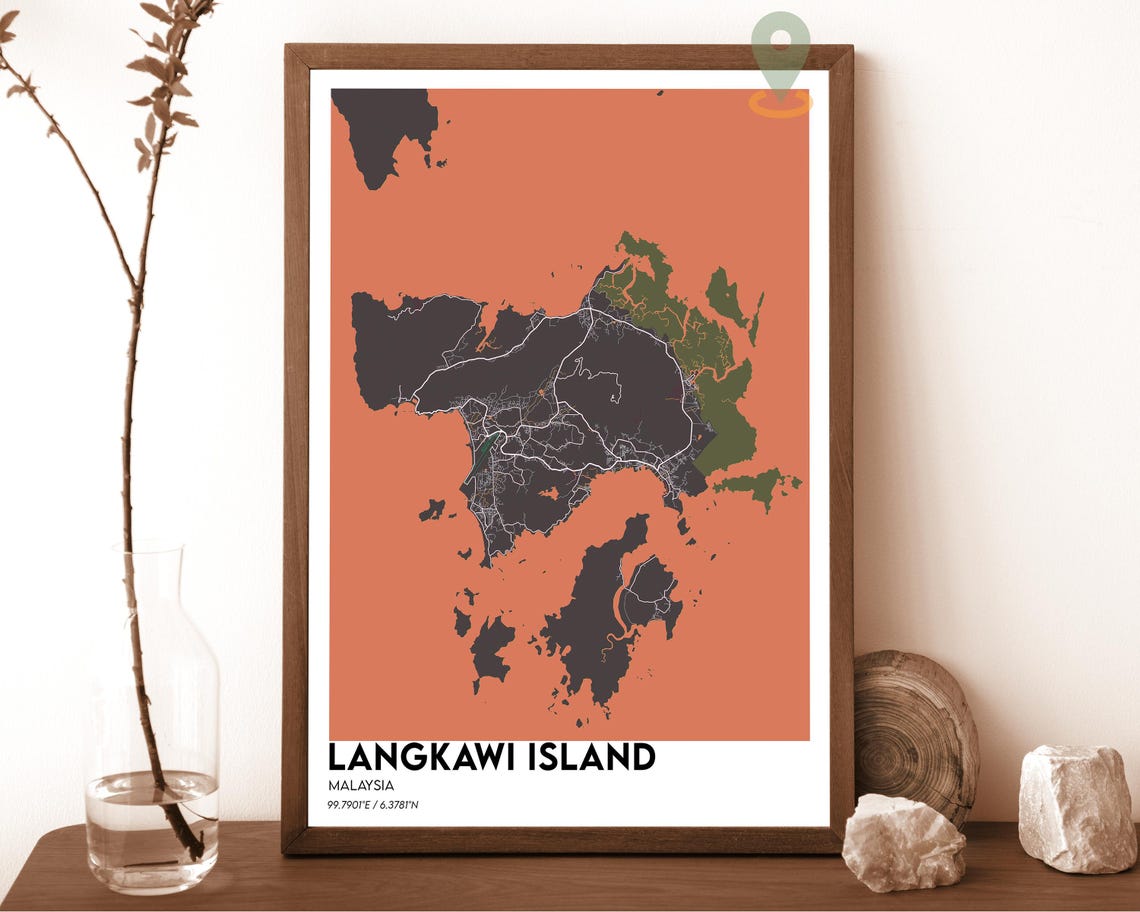 Langkawi Island Malaysia Navy Mustard Bold Island Map Poster - Image 4