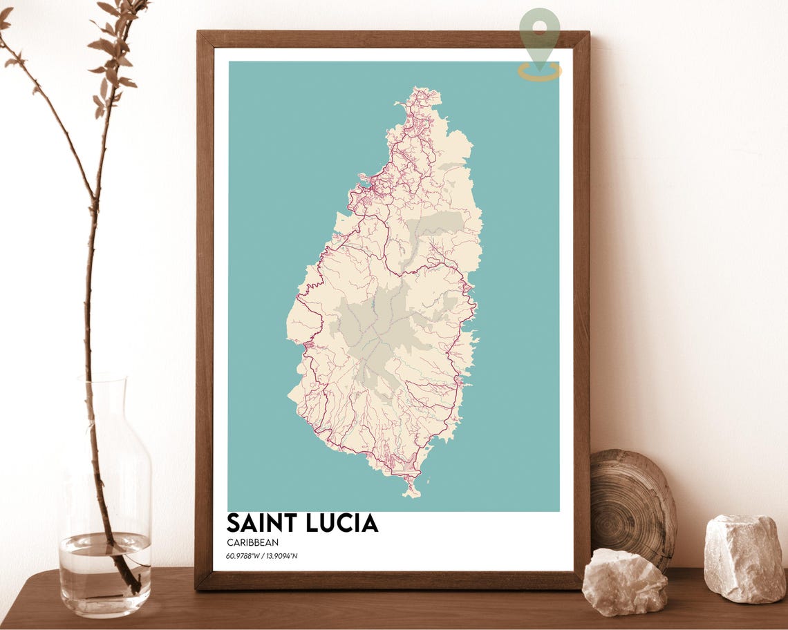 Saint Lucia Caribbean Navy Island Map Poster on Mustard Yellow - Image 6
