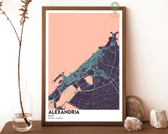 Alexandria Egypt Coastal Peach Glow Night City Street Map Poster