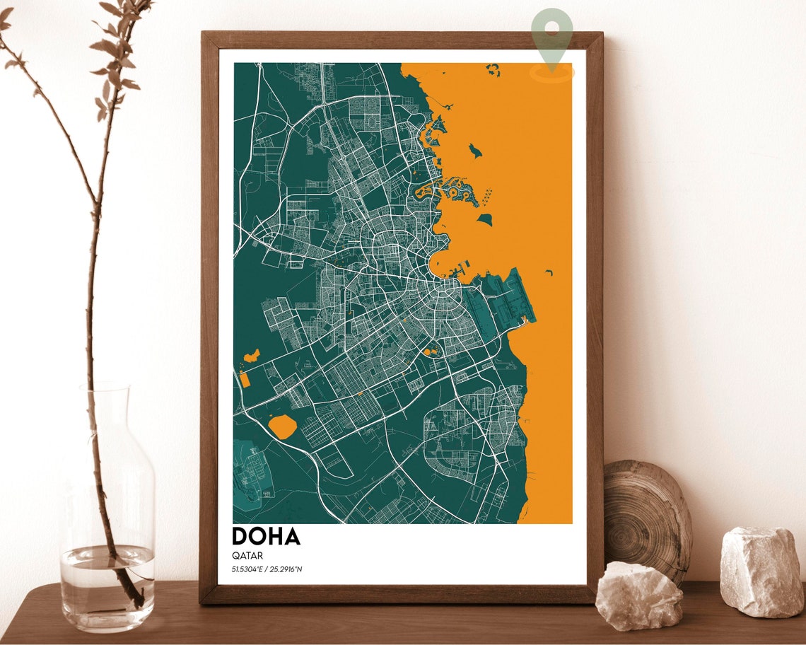 Doha Qatar Charcoal Orange Coastline City Map Modern Art Poster - Image 4