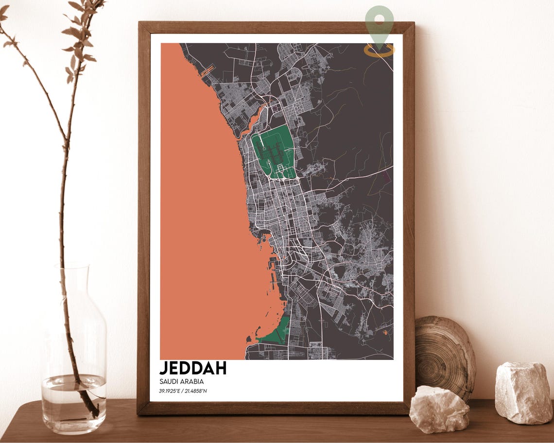 Jeddah Saudi Arabia Teal Orange Minimalist City Map Wall Art - Image 3