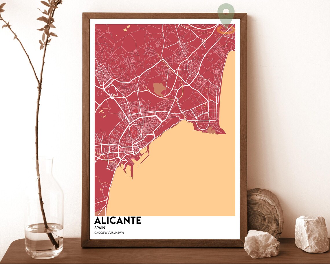 Alicante Spain dark navy with pink street lines Street Map Coordinates Poster - Image 5