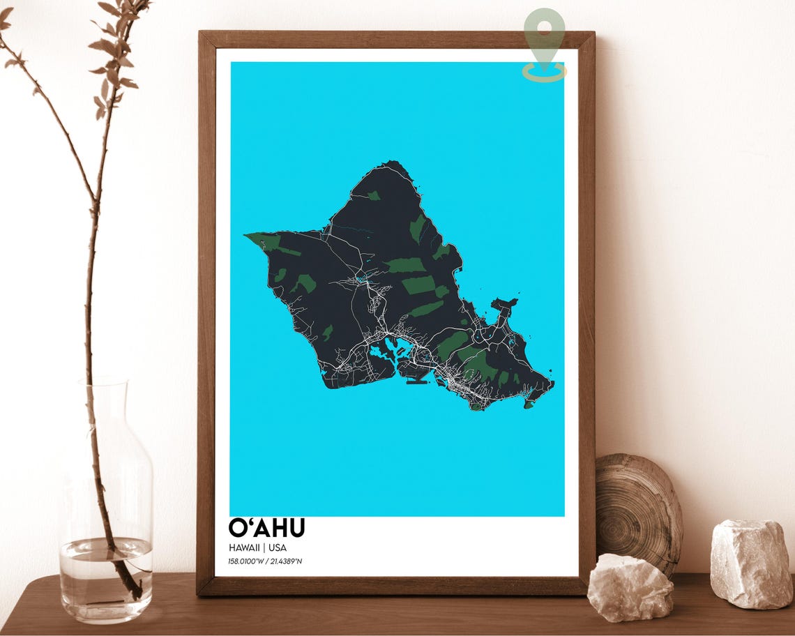 O'ahu Hawaii Minimalist Island Map Poster in Turquoise and White - Image 4
