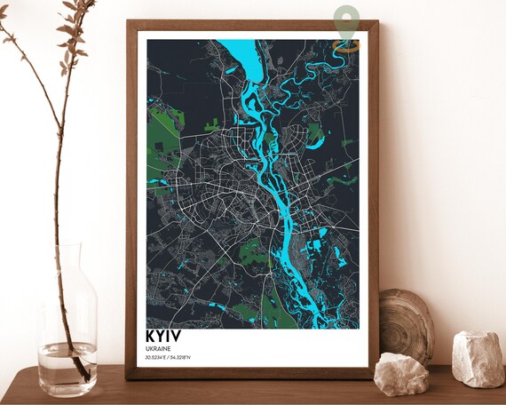 Kyiv Ukraine Dark Dnipro River Cyan Minimalist City Map Poster