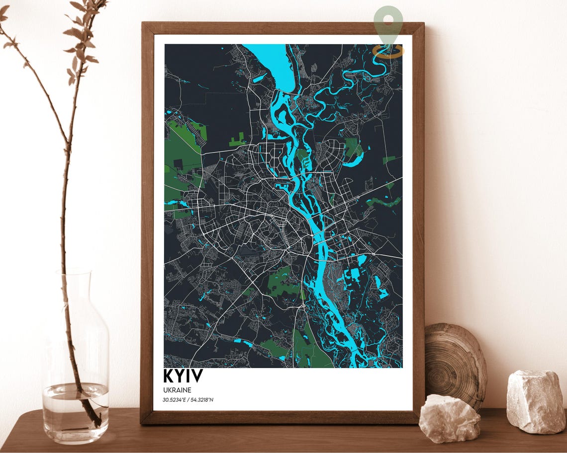 Kyiv Ukraine Dark Dnipro River Cyan Minimalist City Map Poster