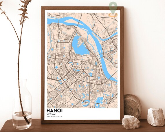 Hanoi Vietnam Blue River Minimal Street Map Modern City Poster