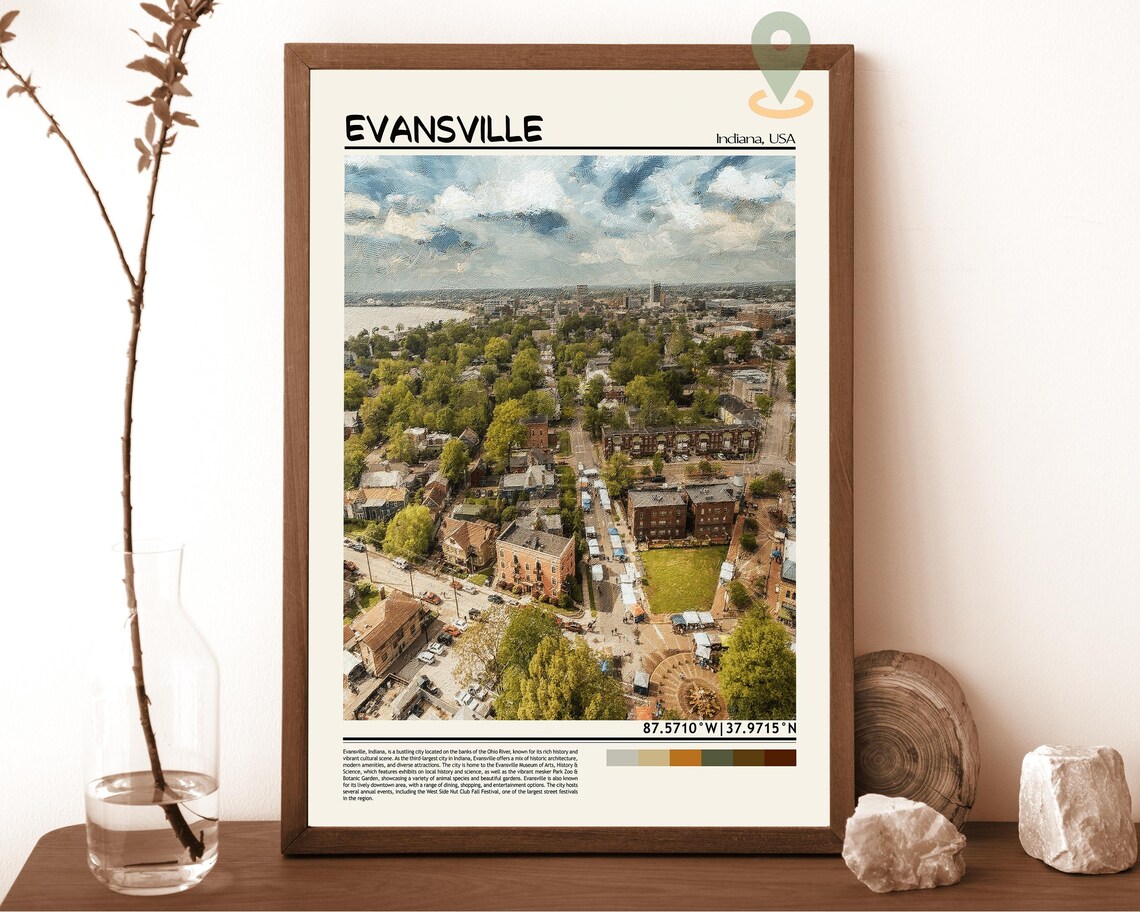 Evansville Indiana River City Downtown Aerial View Travel Poster