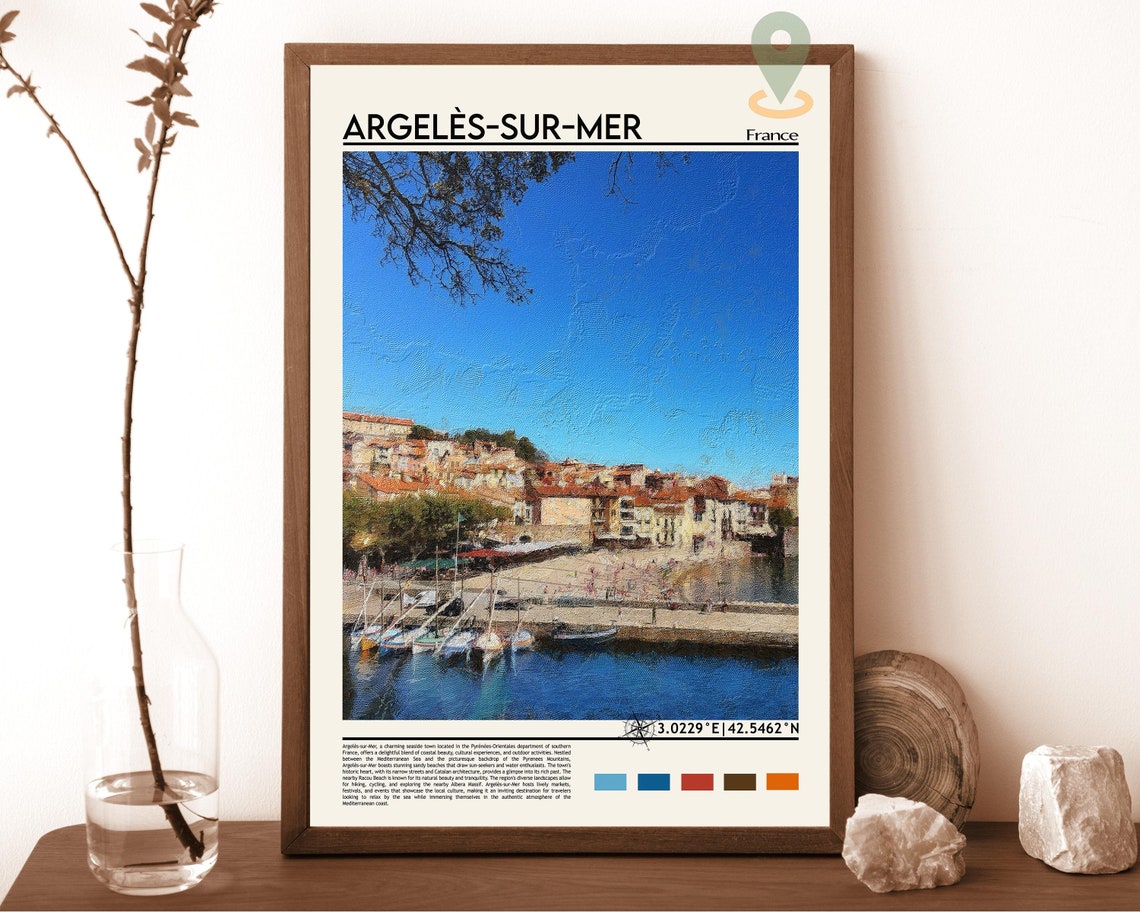 Argeles sur Mer France Harbor Old Town Painted Vintage Travel Poster