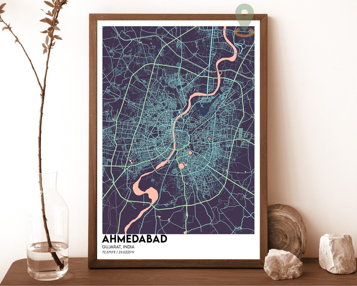 Ahmedabad India Magenta Night City Street Map Art Decor Poster - Image 6