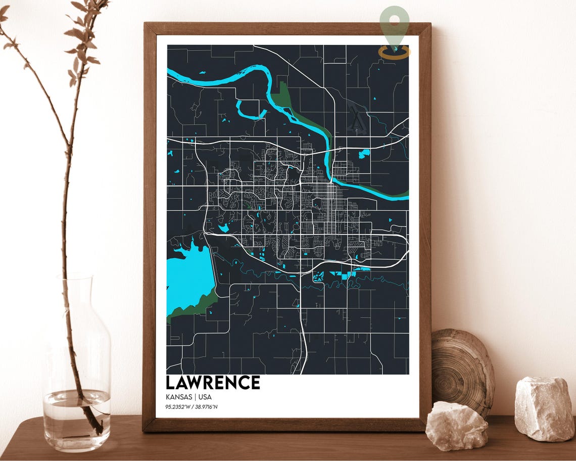 Lawrence Kansas City Map Dark Modern Minimalist Street Poster