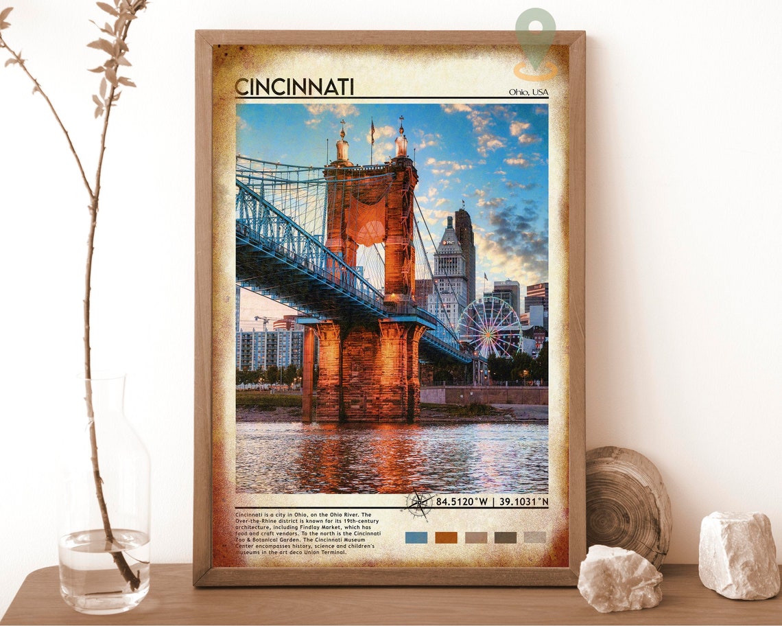 Cincinnati Ohio Roebling Suspension Bridge Sunset River Poster - Image 6