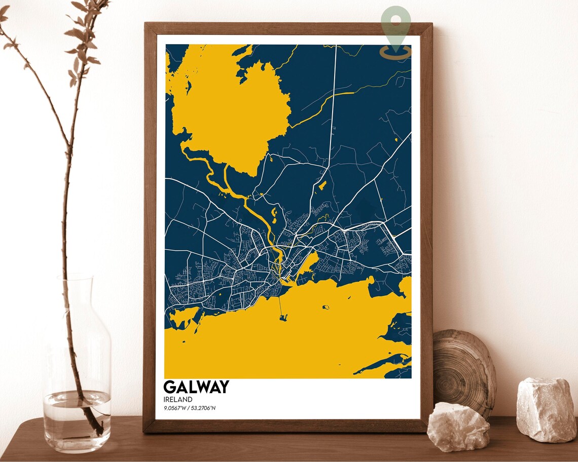 Galway Ireland Navy Yellow Land Water City Map Street Poster
