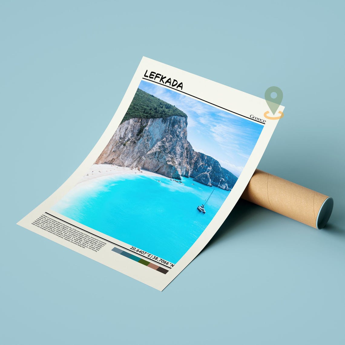 Lefkada Greece Turquoise Cliff Beach Lone Sailboat Seascape Poster - Image 2