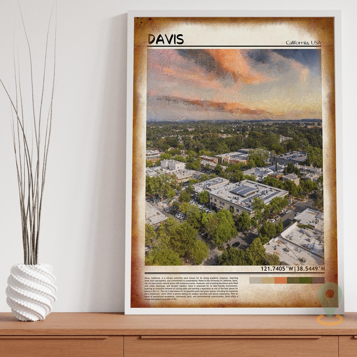 Davis California University Town Aerial Sunset Panorama Travel Print - Image 3