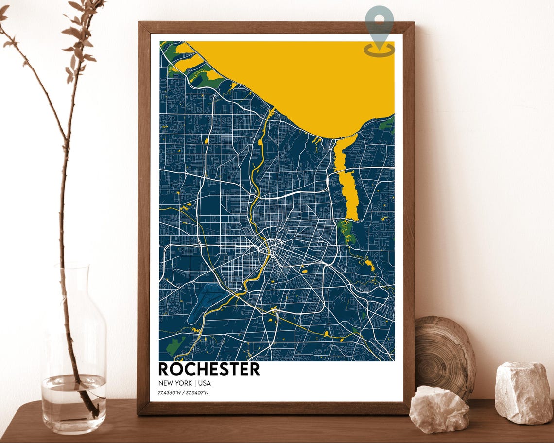 Rochester New York Navy Blue Golden Lake City Map Home Decor Poster