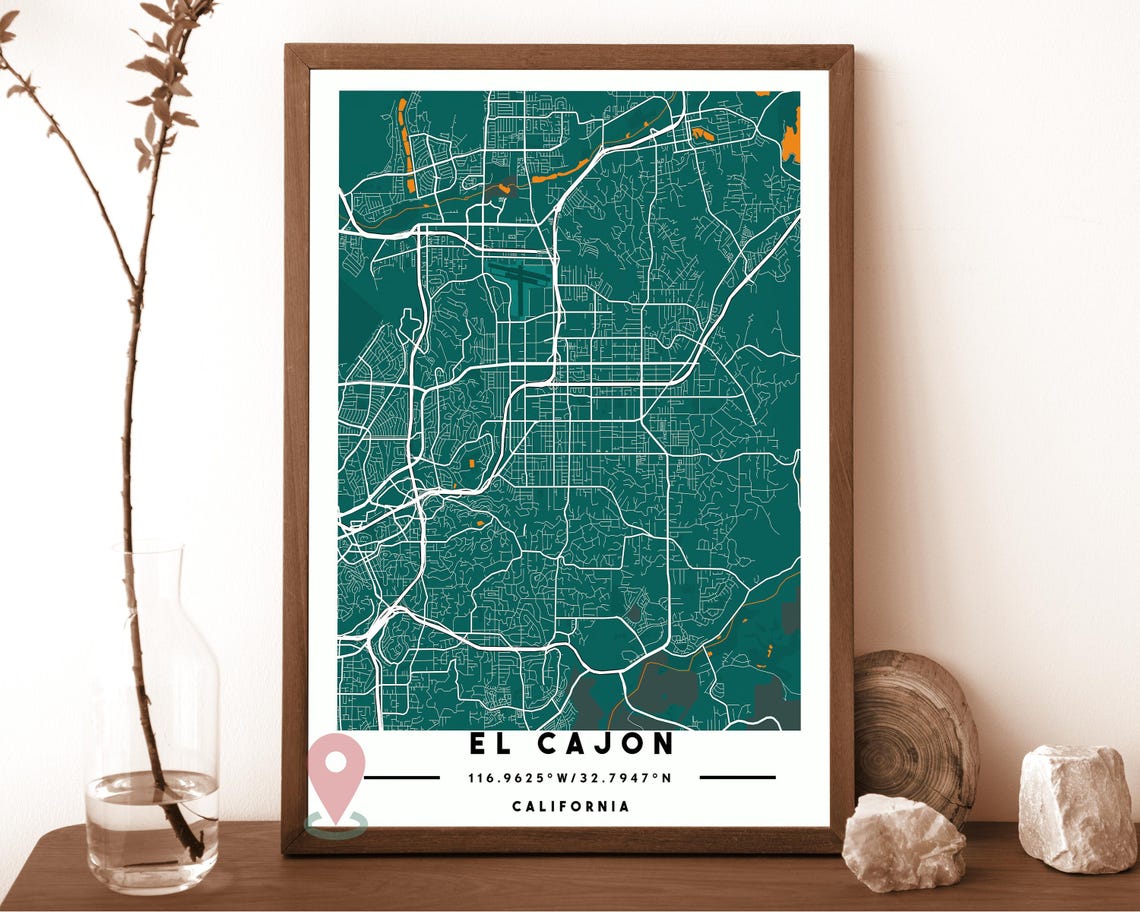 El Cajon California Teal Modern Minimal City Street Map Poster