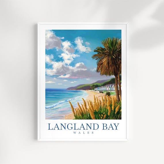 Langland Bay Wales Print Coastal Beach Huts Illustration