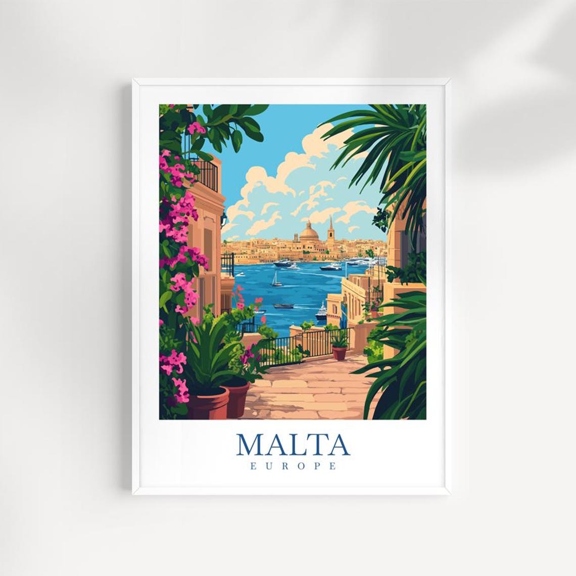 Malta Europe Valletta Harbor Bougainvillea Palm Travel Poster Art