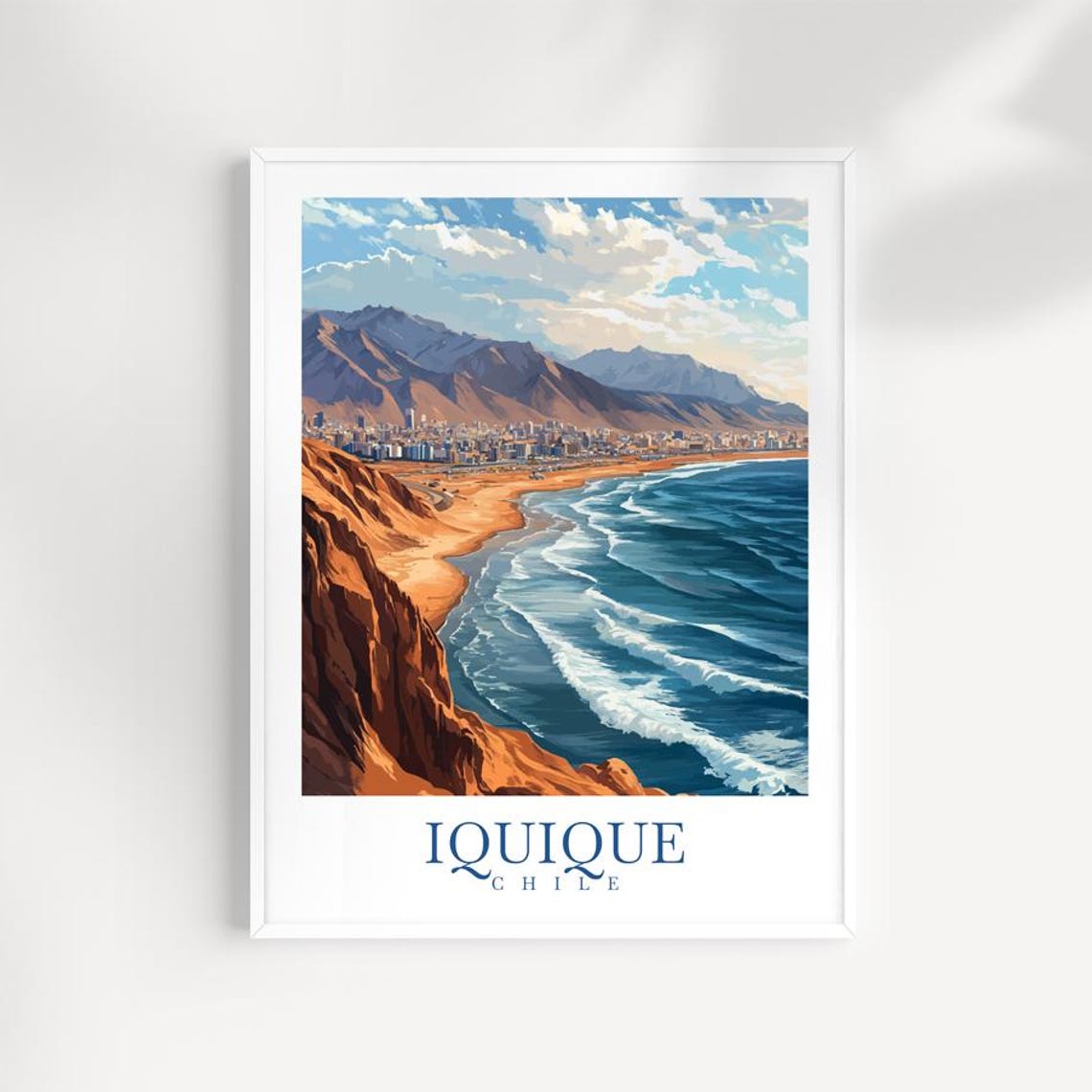 Iquique Chile Desert Cliffs Ocean Waves Illustrated Travel Poster